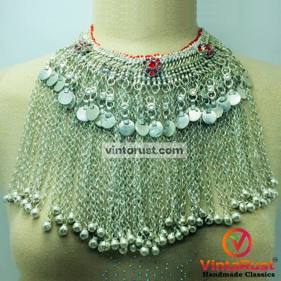 Silver Kuchi Choker Necklace With Long Bells and Red Glass Stones